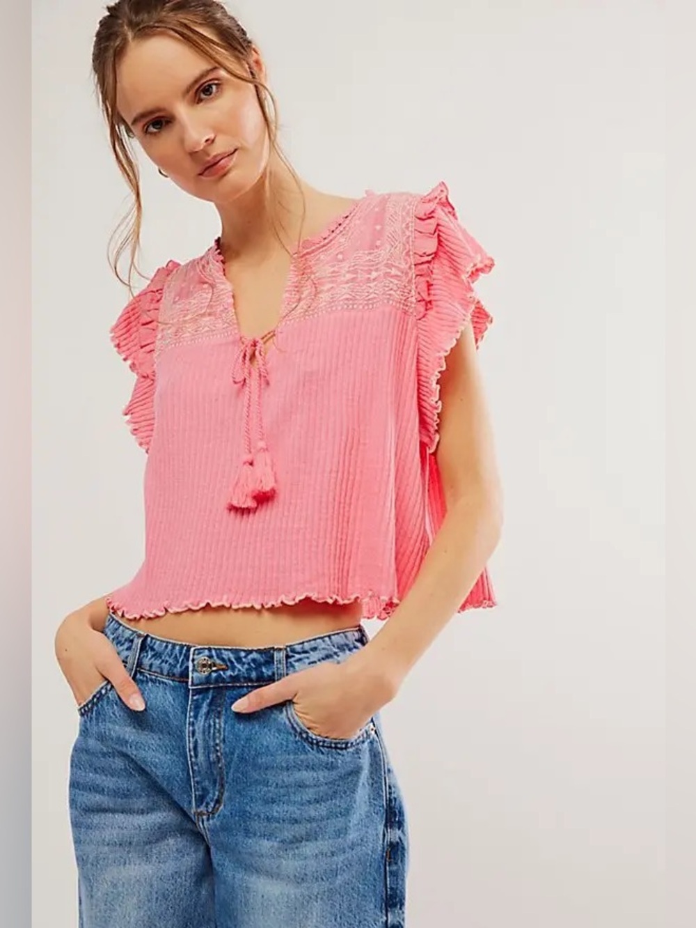 FREE PEOPLE Sarafina Embroidered Ruffle Sleeve Top NWT Pink Lemonade Combo